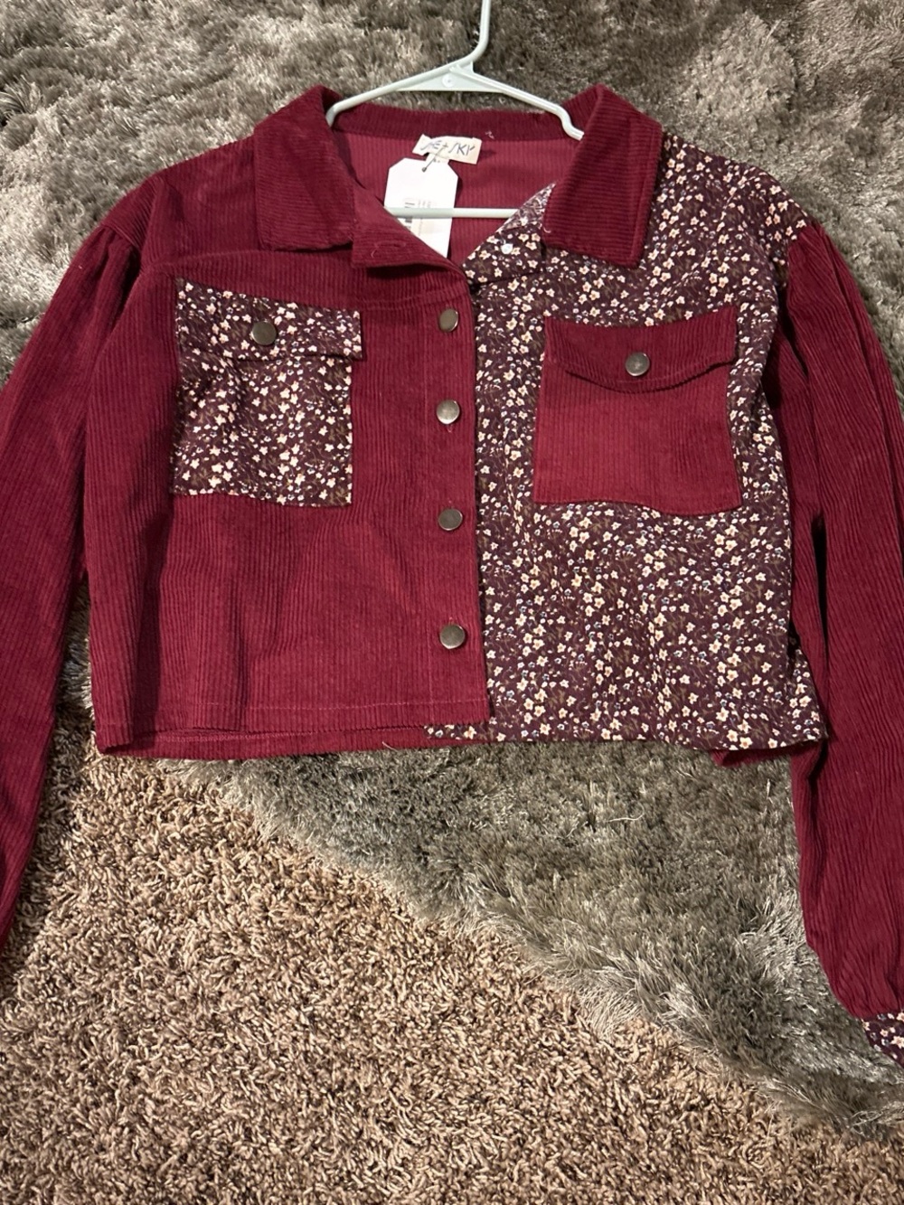 bohme Burgundy Corduroy & Floral Patchwork Jean Jacket